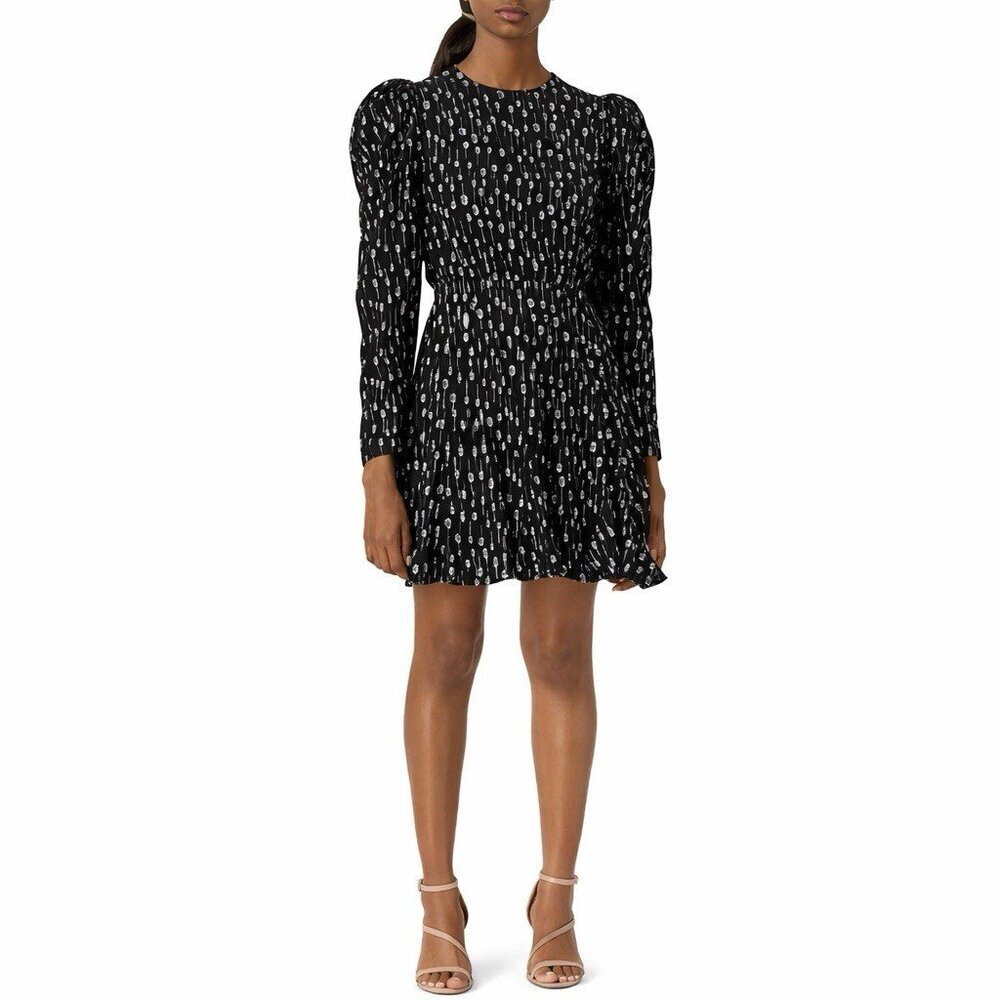 The Kooples Size Small Black Silver Metallic Polka Dot Mini Dress Puff Sleeve